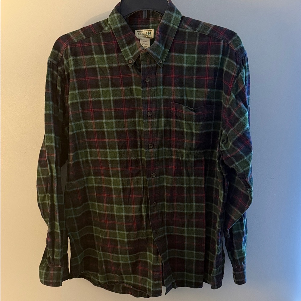 L.L. Bean Green and Red Plaid Button-Down Shirt